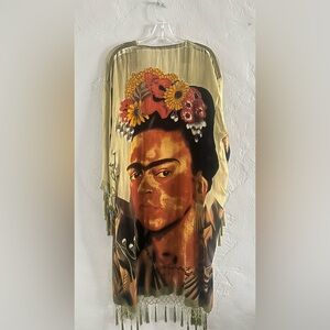 Olive Green Frida Kahlo  Velvet Beaded Burnout Kaftan Tunic - Sz. L